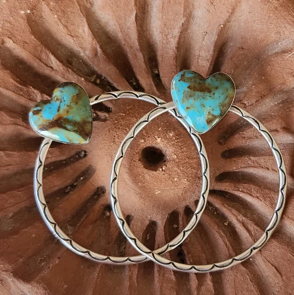 Native American Sterling Silver Turquoise Large Heart Stamped Hoop Earrings - Picture 2 of 7